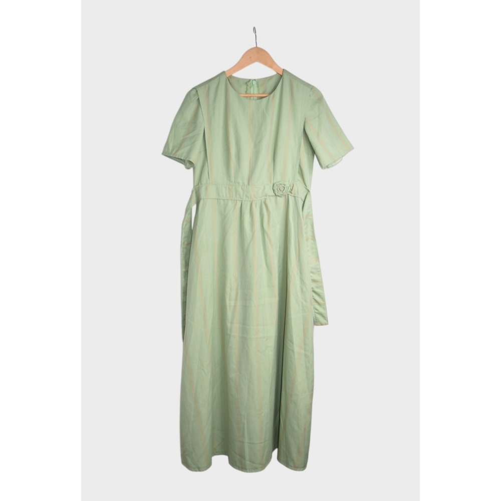 Vintage House Dress Womens Small Green Striped Belted Mod Day Maxi 1970s